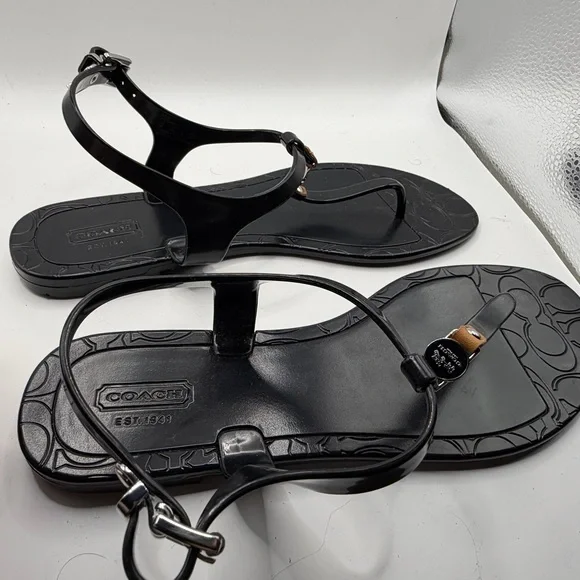 Coach Sandals Thong T-Strap Rubber Piccadilly Signature Logo Women Black Sz 8 - Picture 3 of 9